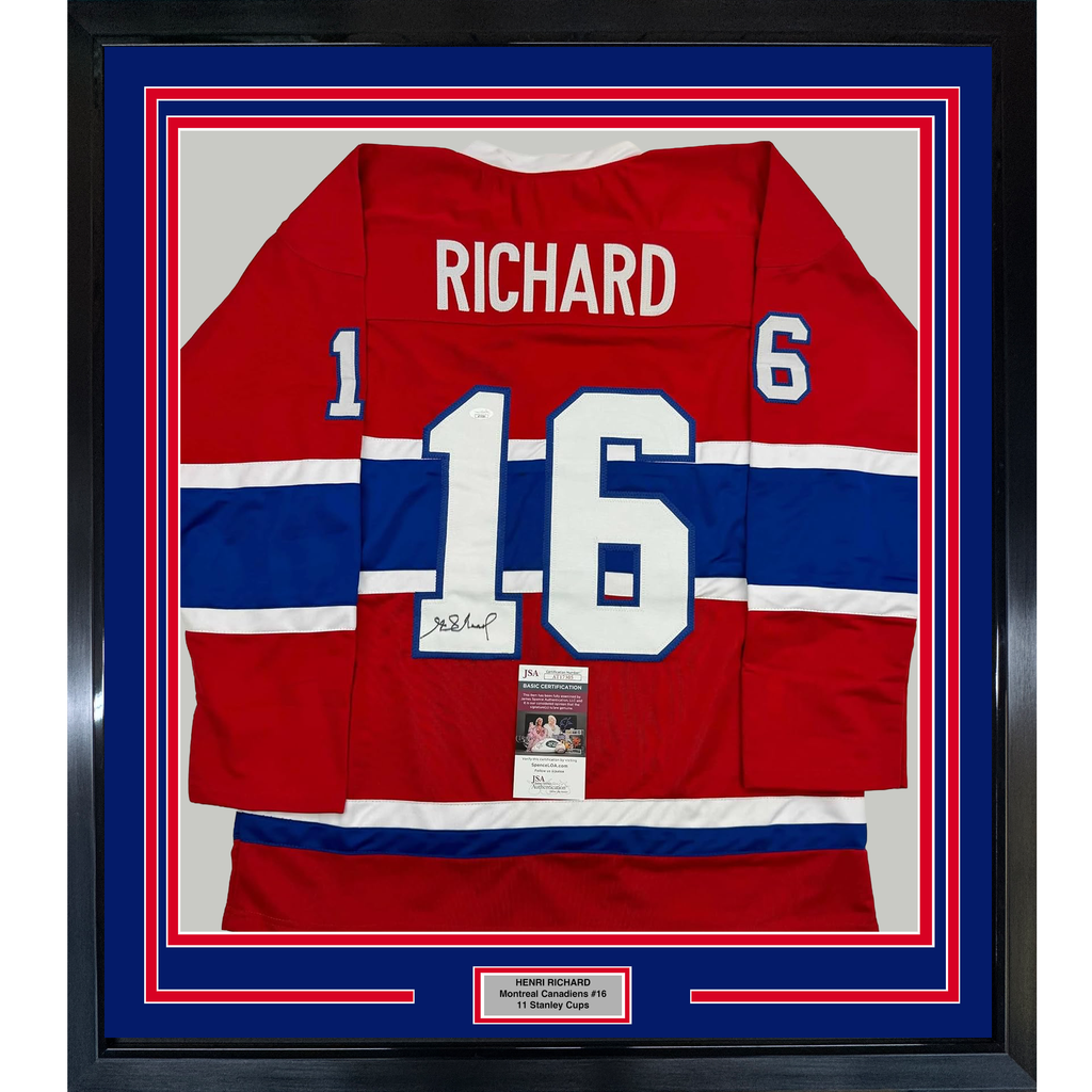 Framed Autographed/Signed Henri Richard 35x39 Montreal Red Hockey Jersey JSA COA