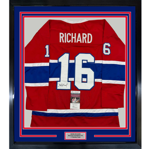 Framed Autographed/Signed Henri Richard 35x39 Montreal Red Hockey Jersey JSA COA
