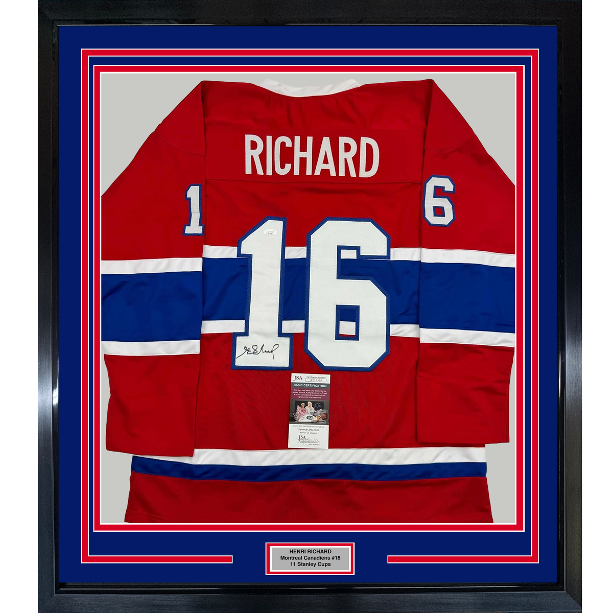 Framed Autographed/Signed Henri Richard 35x39 Montreal Red Hockey Jersey JSA COA
