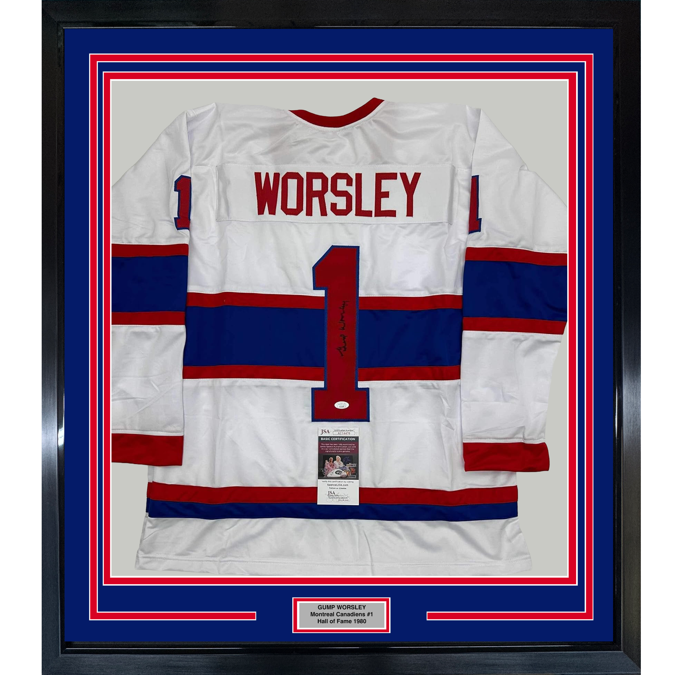 Framed Autographed/Signed Gump Worsley 35x39 Montreal White Hockey Jersey JSA COA