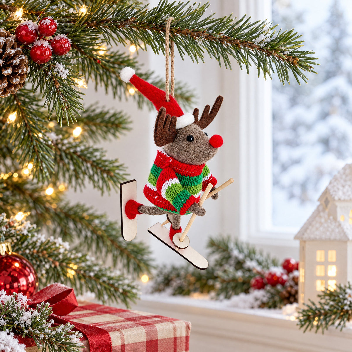 Skiing Reindeer Red Santa Hat Felt Fabric Christmas Ornament