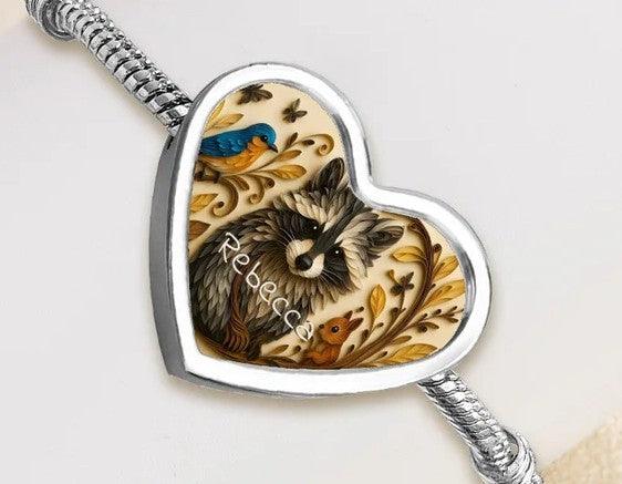 Personalised Raccoon Bracelet, Heart Shaped Name Snake Bone Bracelet | Metal