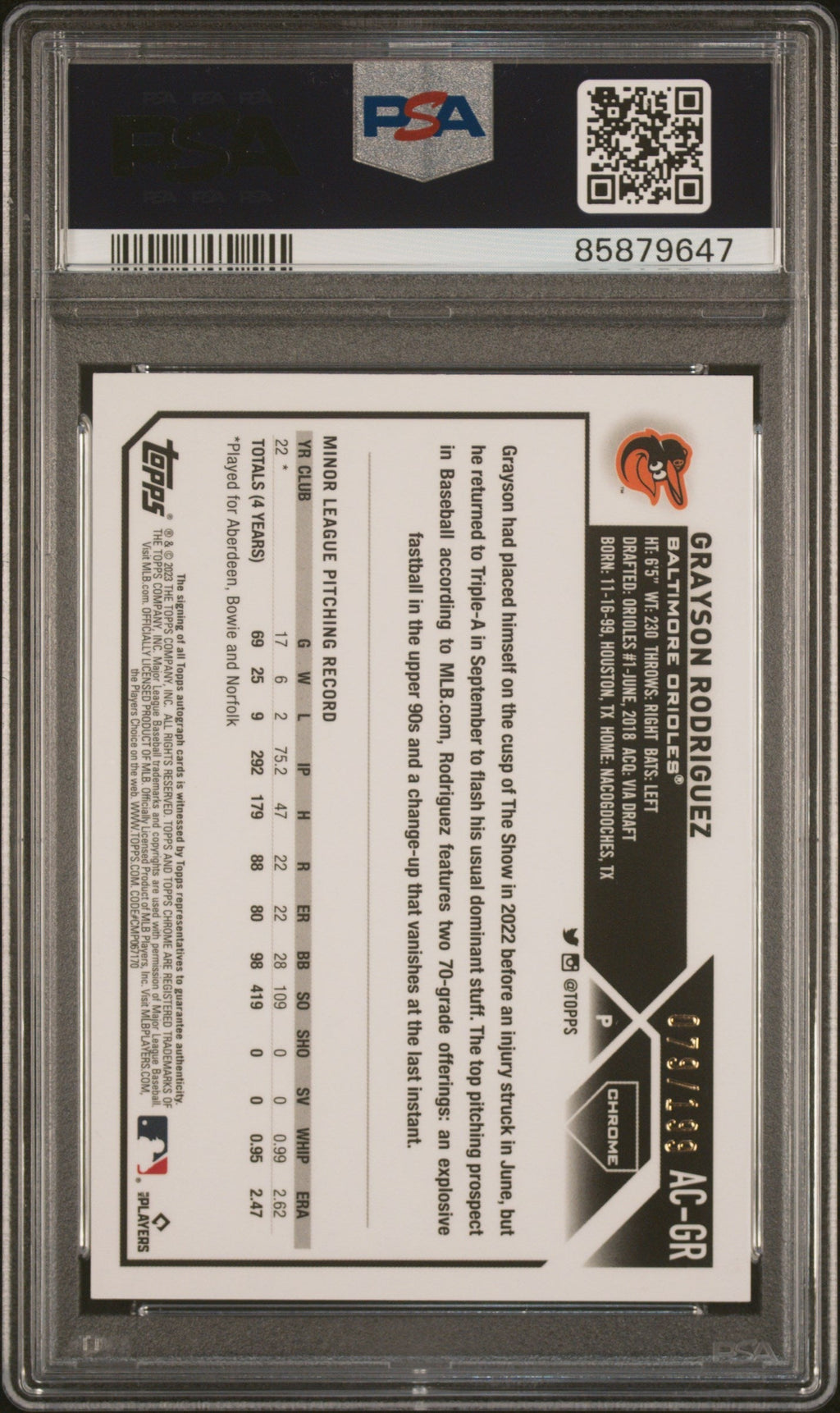 Graded 2023 Topps Chrome Update Grayson Rodriguez #ACGR Autograph Aqua Wave #/199 Rookie RC Baseball Card PSA 10 Gem Mint