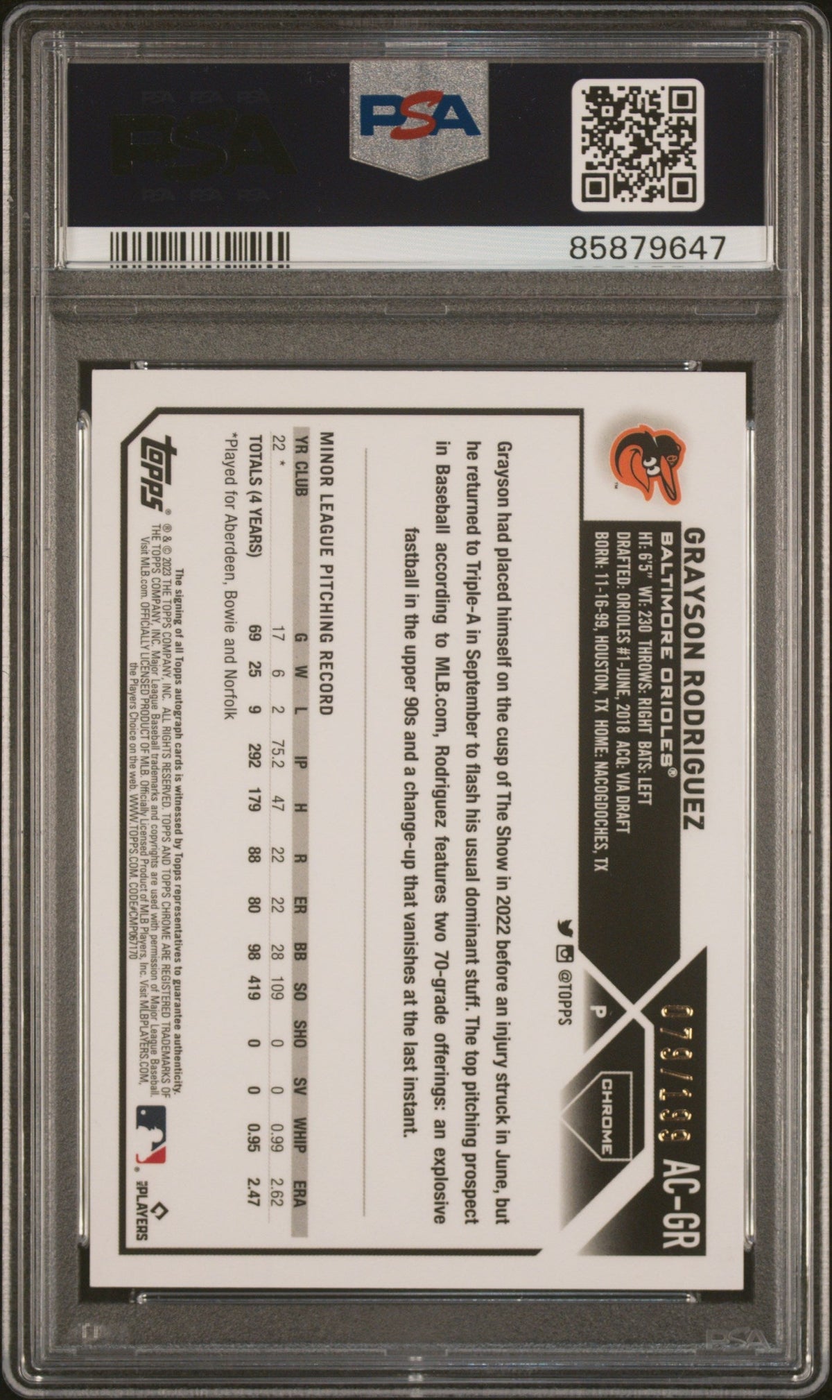 Graded 2023 Topps Chrome Update Grayson Rodriguez #ACGR Autograph Aqua Wave #/199 Rookie RC Baseball Card PSA 10 Gem Mint