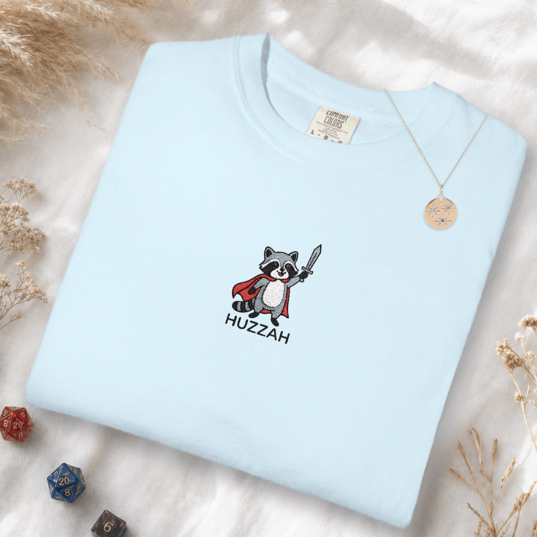 Huzzah Raccoon Embroidery T-Shirt - Comfort Colors