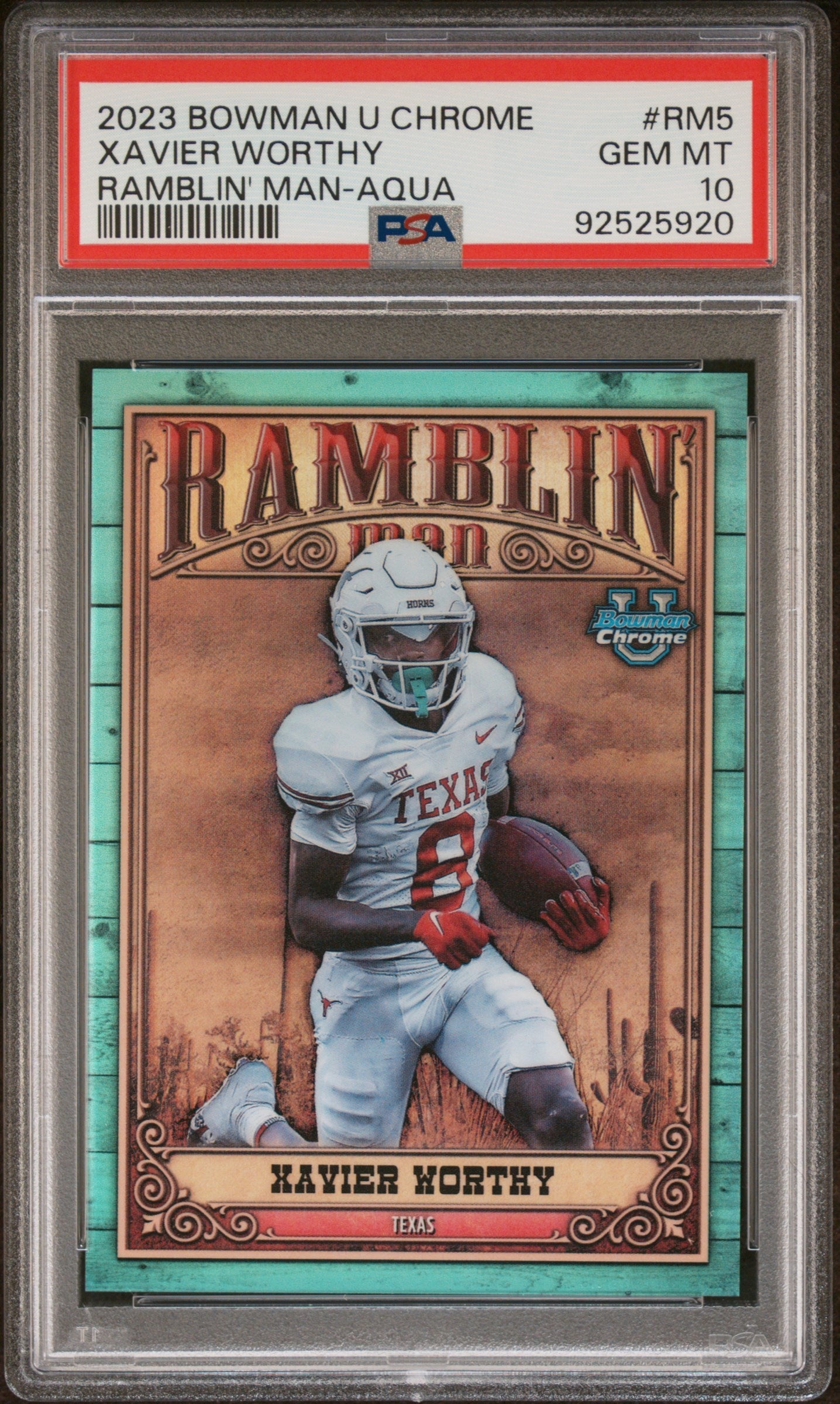 Graded 2023 Topps Bowman University Xavier Worthy #RM5 Ramblin Man Aqua #/150 Rookie RC Football Card PSA 10 Gem Mint