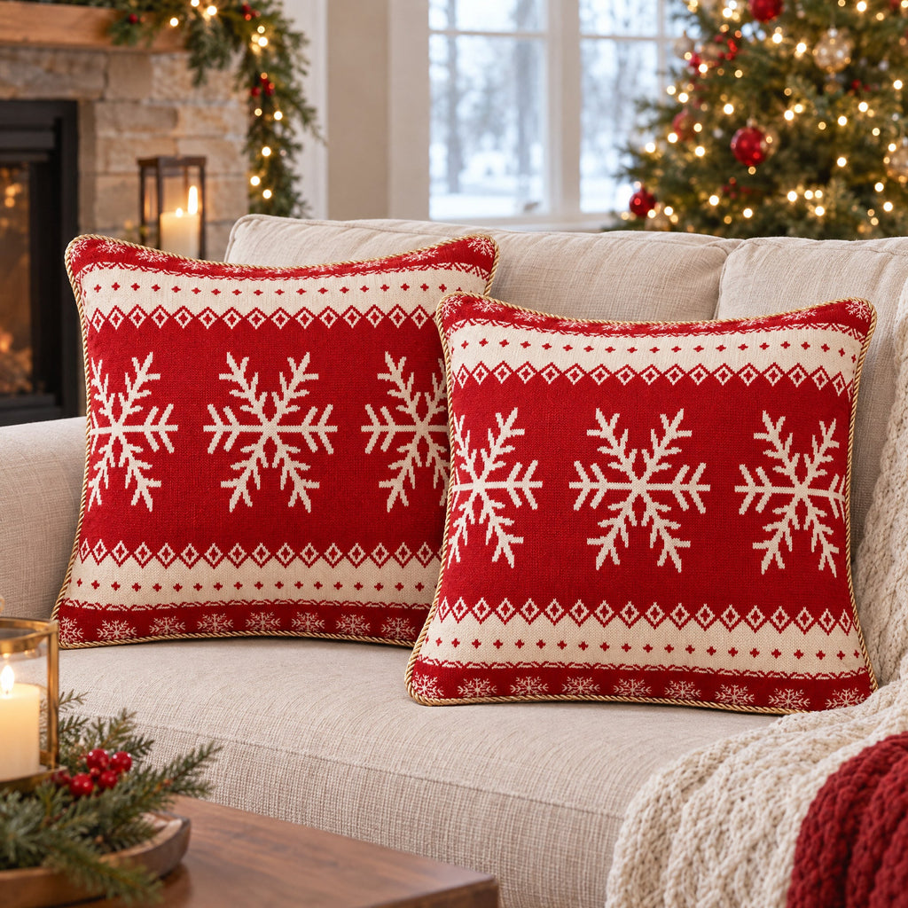 Set of 2 White Snowflakes on Red Christmas Throw Cushion Pillow Covers