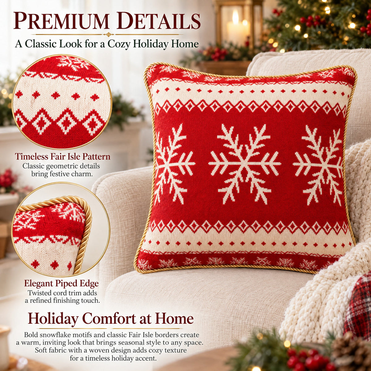 Set of 2 White Snowflakes on Red Christmas Throw Cushion Pillow Covers