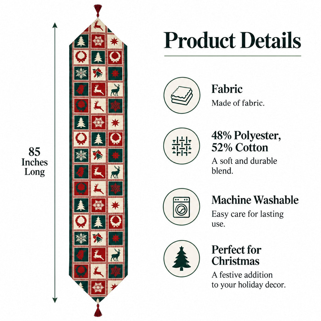 Reindeer Square Patterns Christmas Tablecloth Holiday Runner 75 Inches