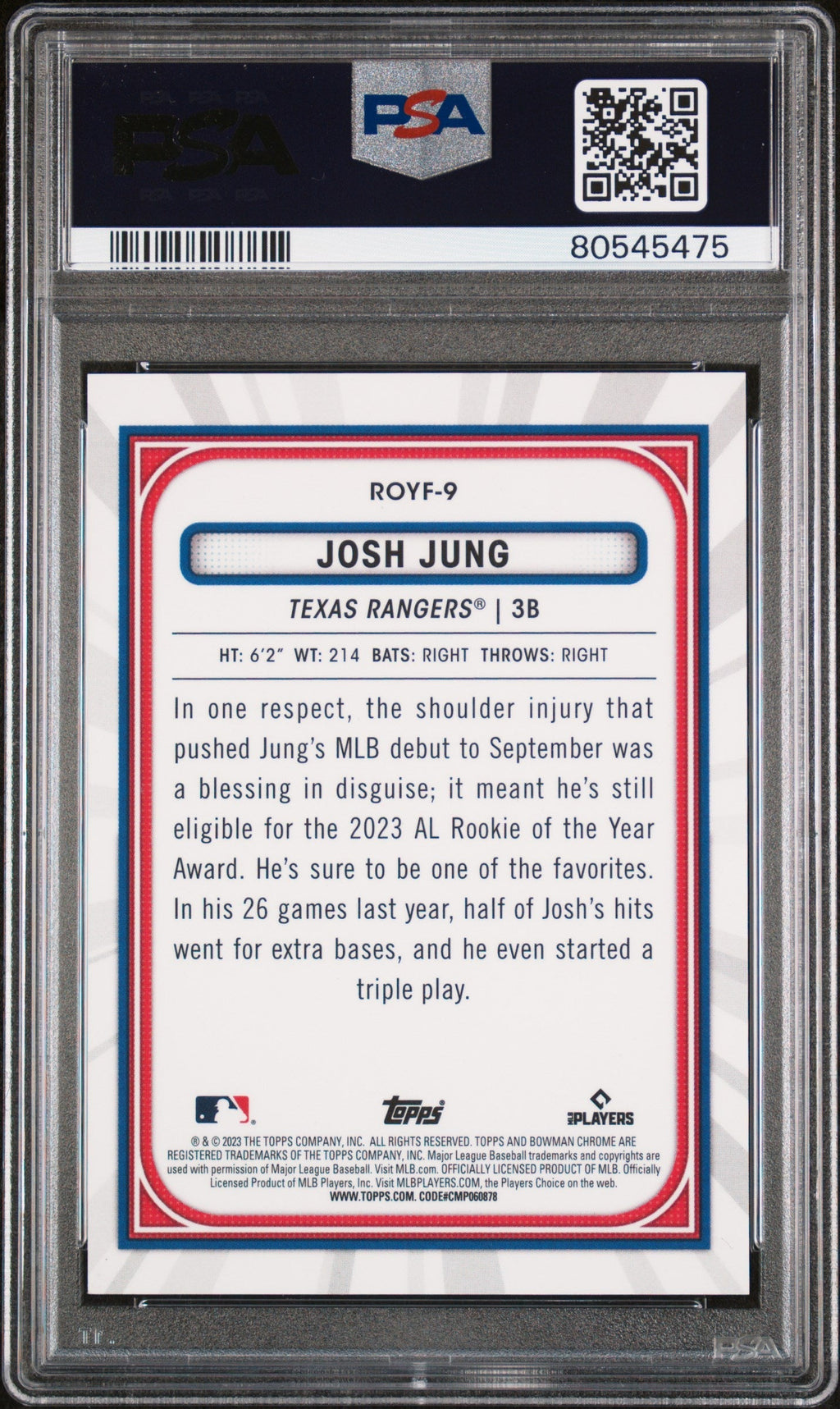 Graded 2023 Topps Bowman Chrome M/B Josh Jung #9 ROY Favorites Purple Refractor #/250 Rookie RC Baseball Card PSA 10 Gem Mint