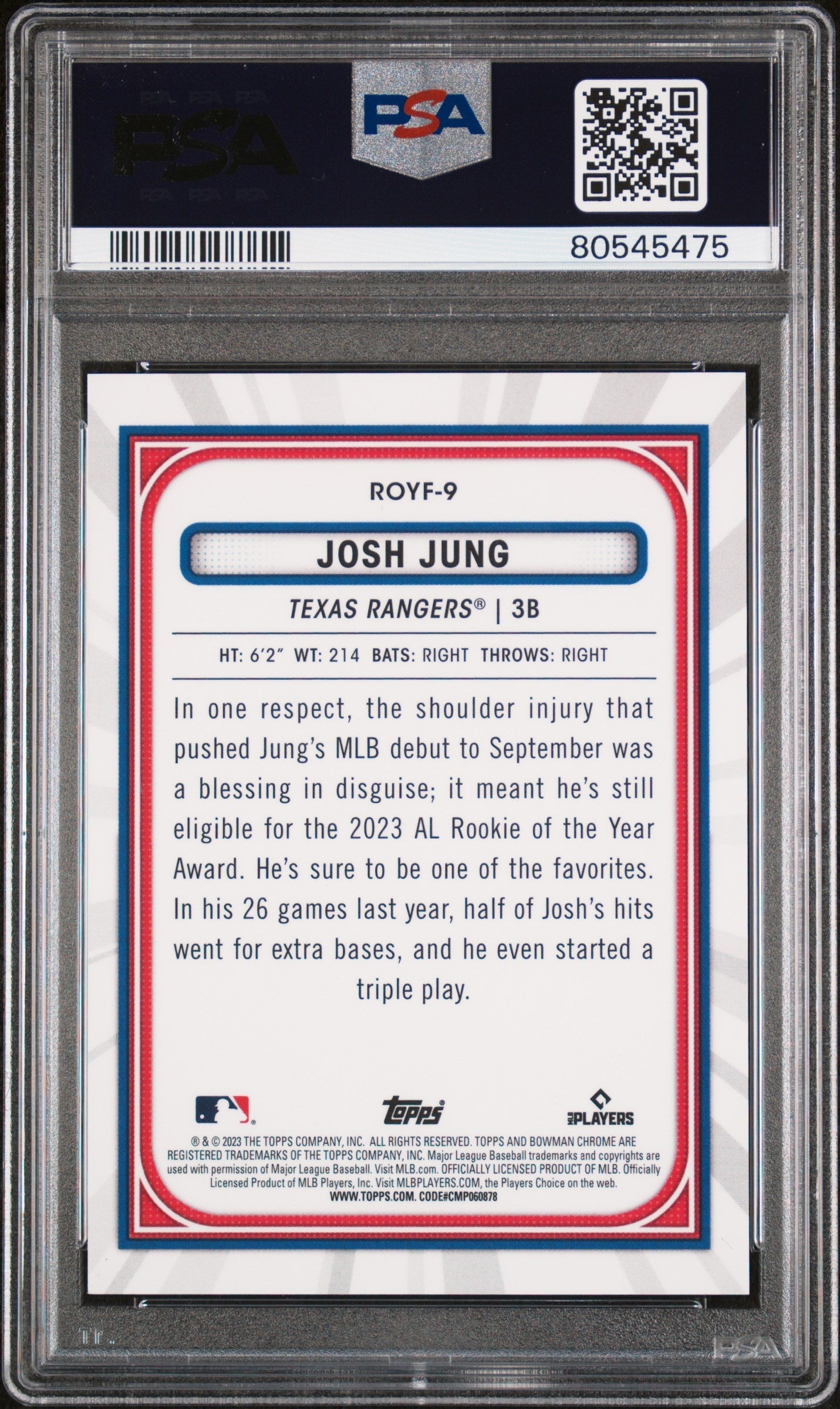 Graded 2023 Topps Bowman Chrome M/B Josh Jung #9 ROY Favorites Purple Refractor #/250 Rookie RC Baseball Card PSA 10 Gem Mint