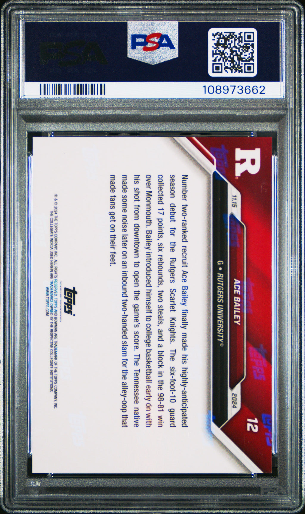 Graded 2024 Topps Bowman U Now Ace Bailey #12 Rookie RC Basketball Card PSA 9 Mint
