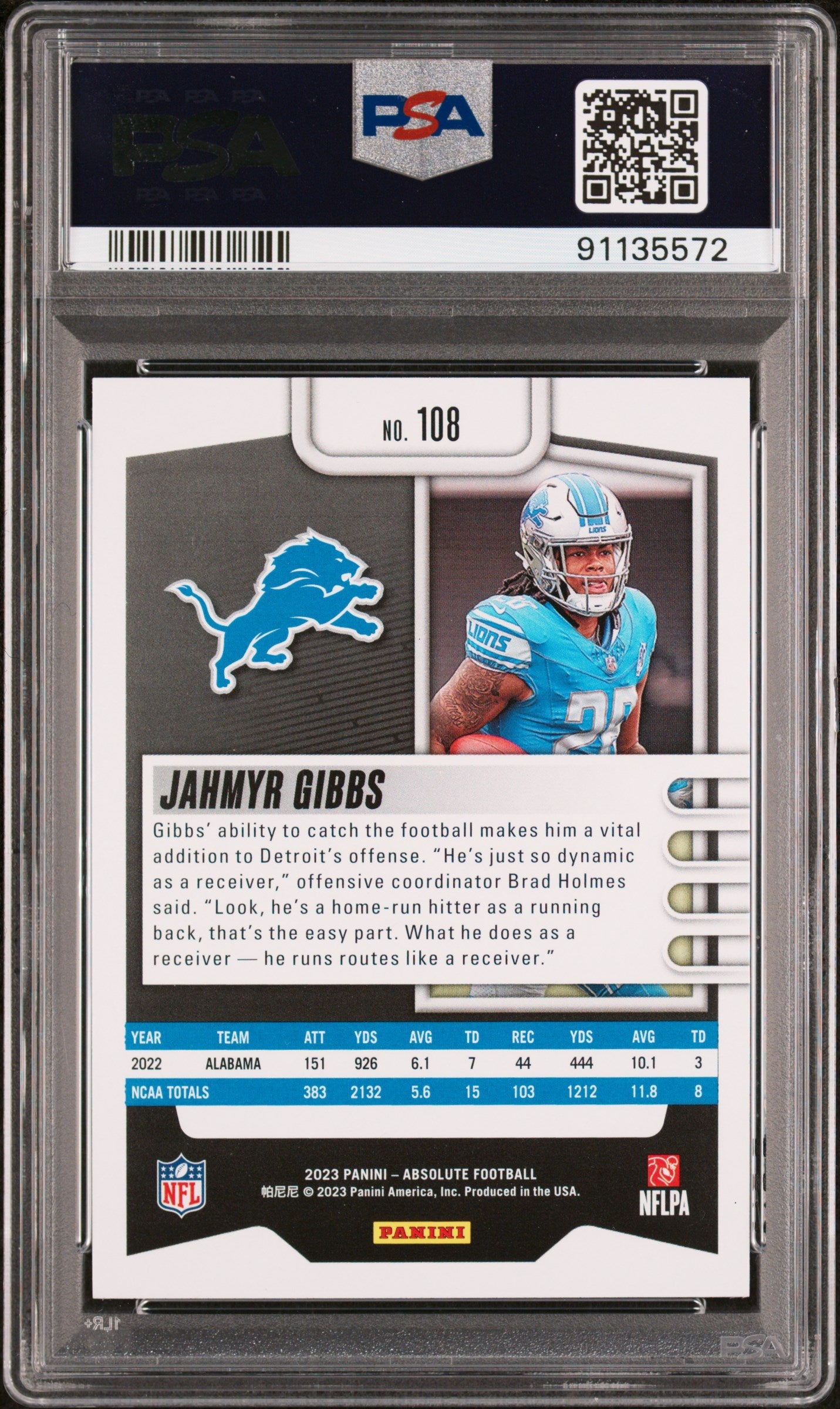 Graded 2023 Panini Absolute Jahmyr Gibbs #108 Rookie RC Football Card PSA 10 Gem Mint