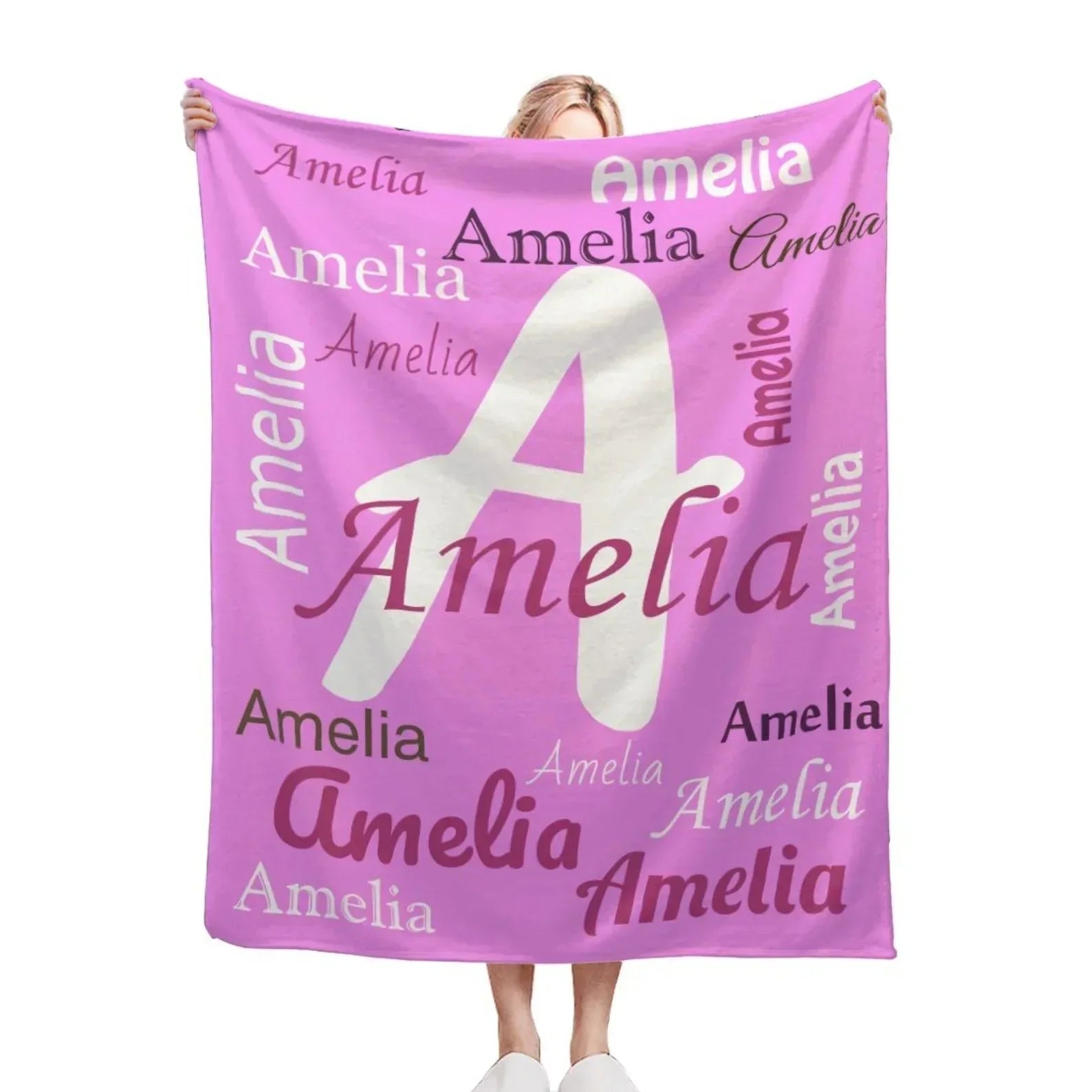 Your Letter and Name - Personalized Name Blanket: Pink & White Flannel Fleece Throw