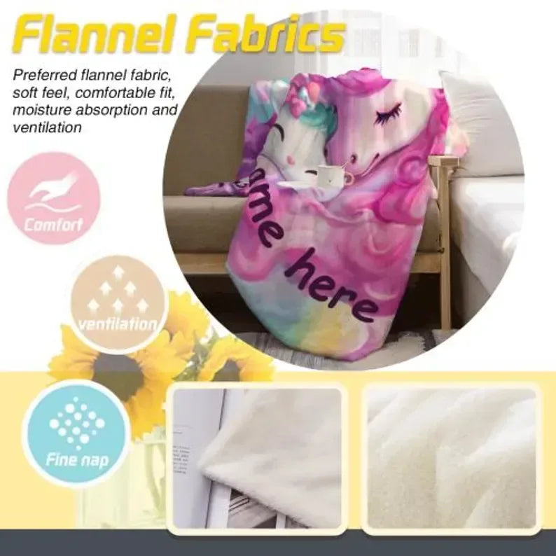 Personalized Unicorn Hello Kitty Fleece Blanket: Custom Name Throw