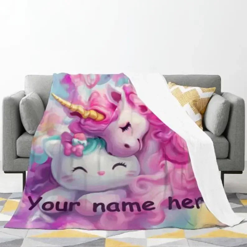Personalized Unicorn Hello Kitty Fleece Blanket: Custom Name Throw
