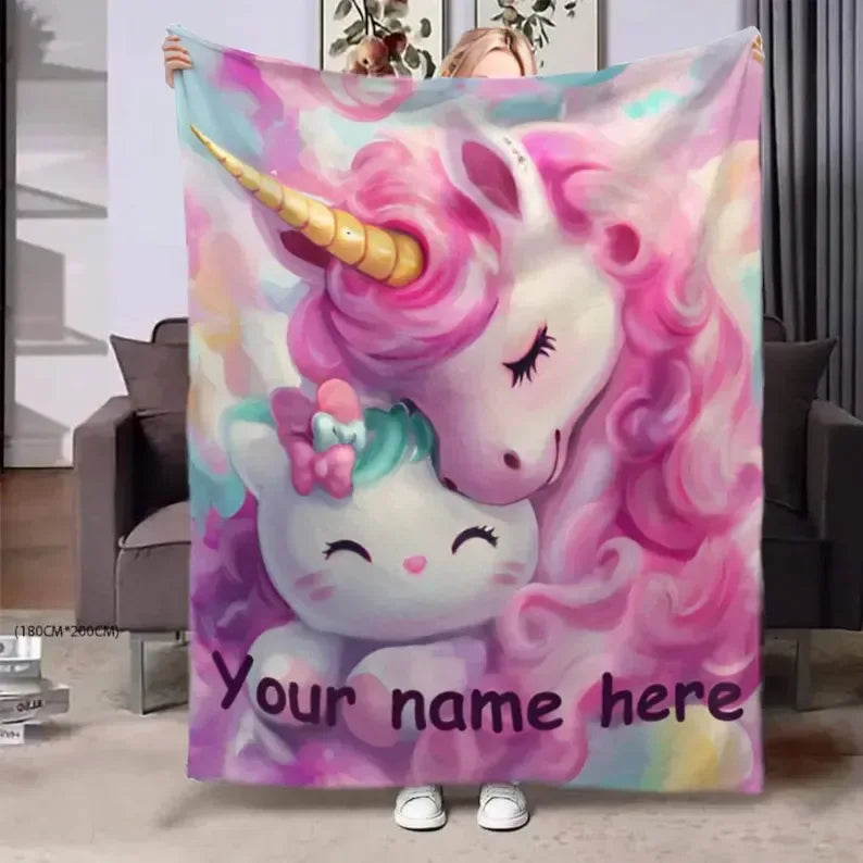 Personalized Unicorn Hello Kitty Fleece Blanket: Custom Name Throw