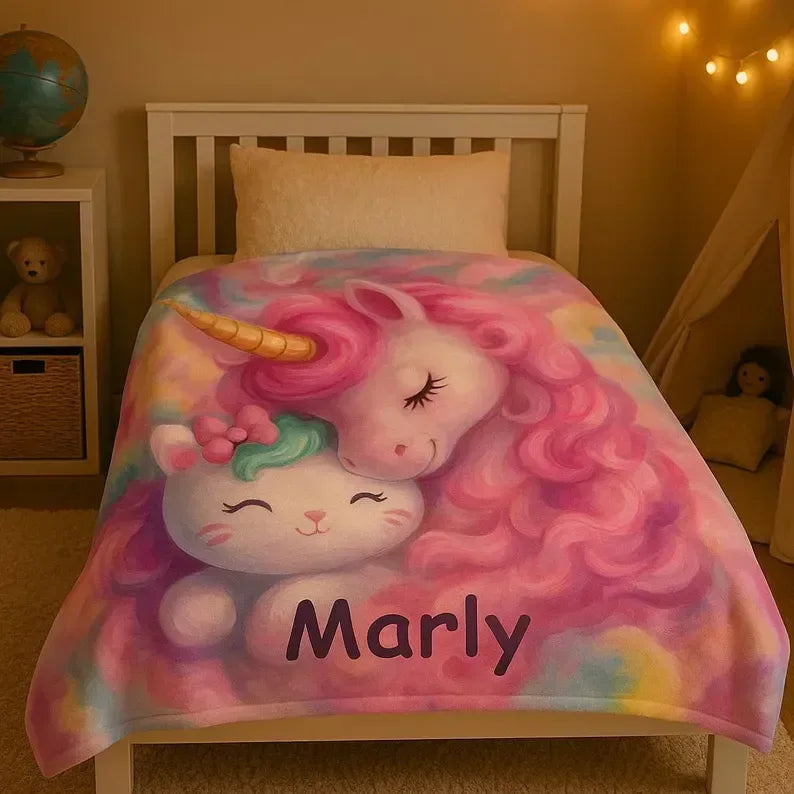 Personalized Unicorn Hello Kitty Fleece Blanket: Custom Name Throw