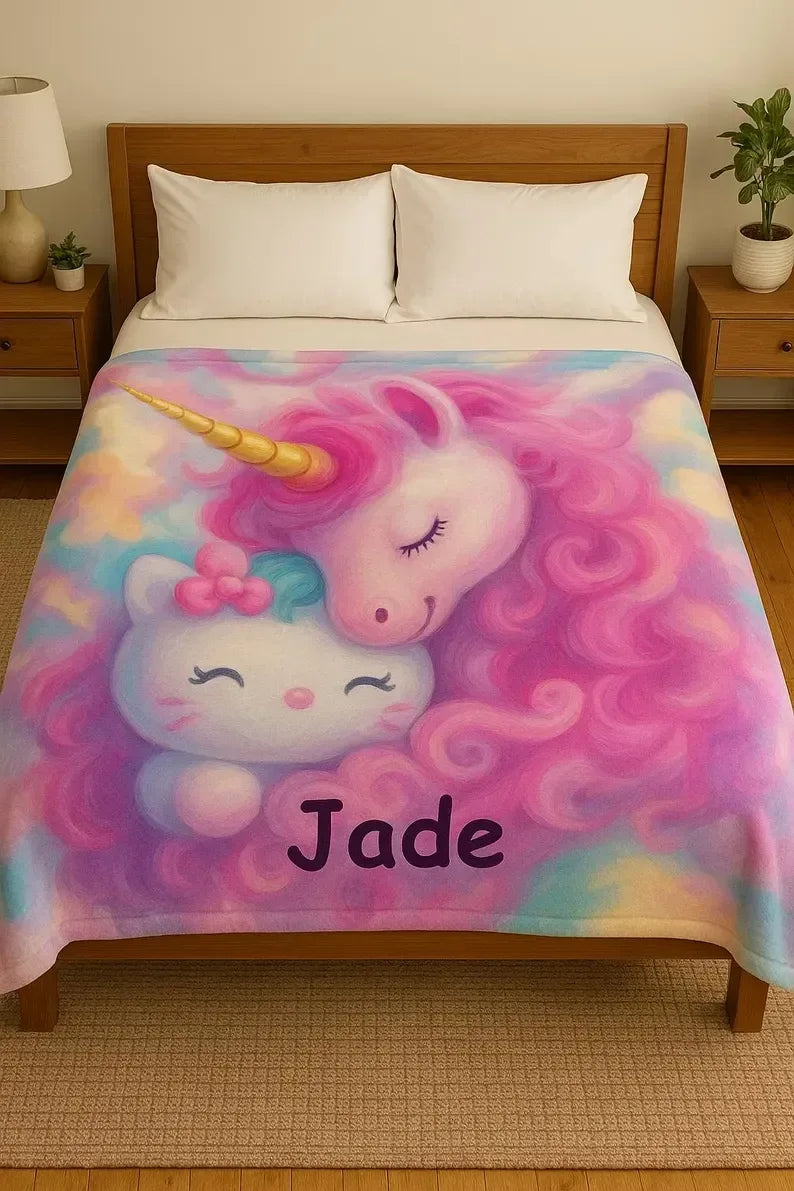 Personalized Unicorn Hello Kitty Fleece Blanket: Custom Name Throw