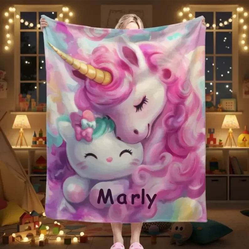 Personalized Unicorn Hello Kitty Fleece Blanket: Custom Name Throw