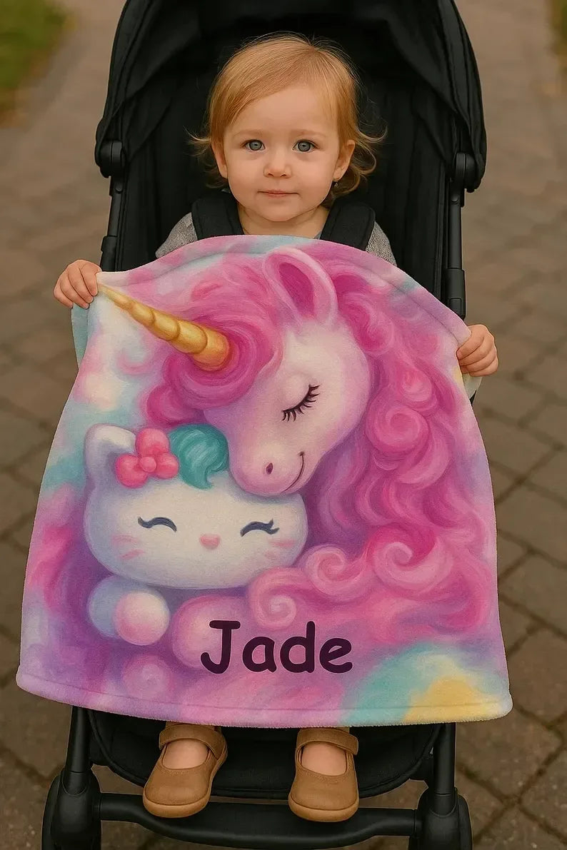 Personalized Unicorn Hello Kitty Fleece Blanket: Custom Name Throw