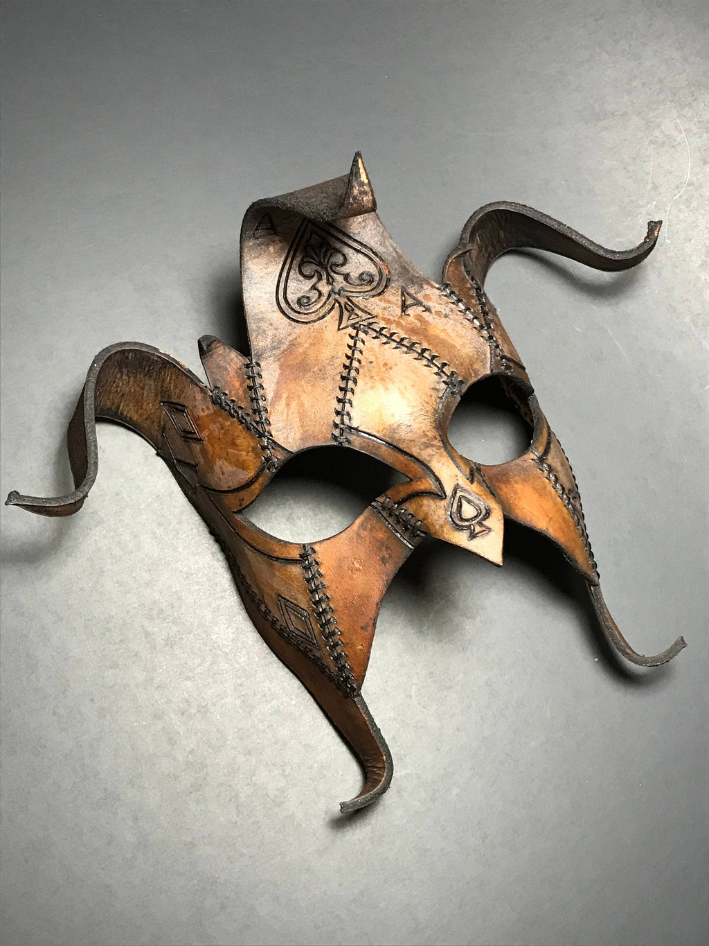 The Joker's Card- Joker Jester Handmade Genuine Leather Mask in Dyed Leather