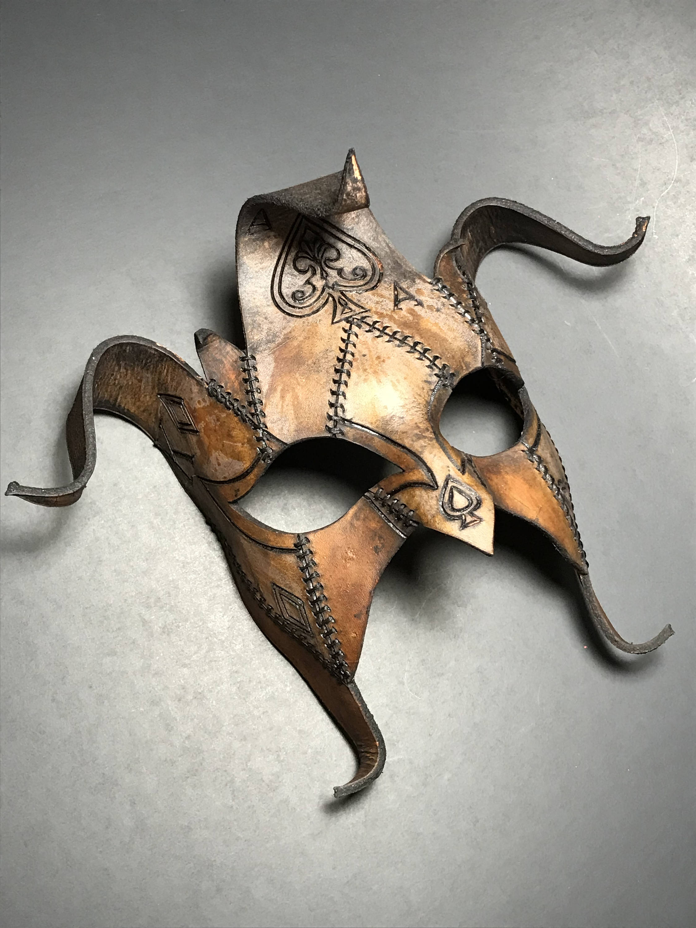 The Joker's Card- Joker Jester Handmade Genuine Leather Mask in Dyed Leather