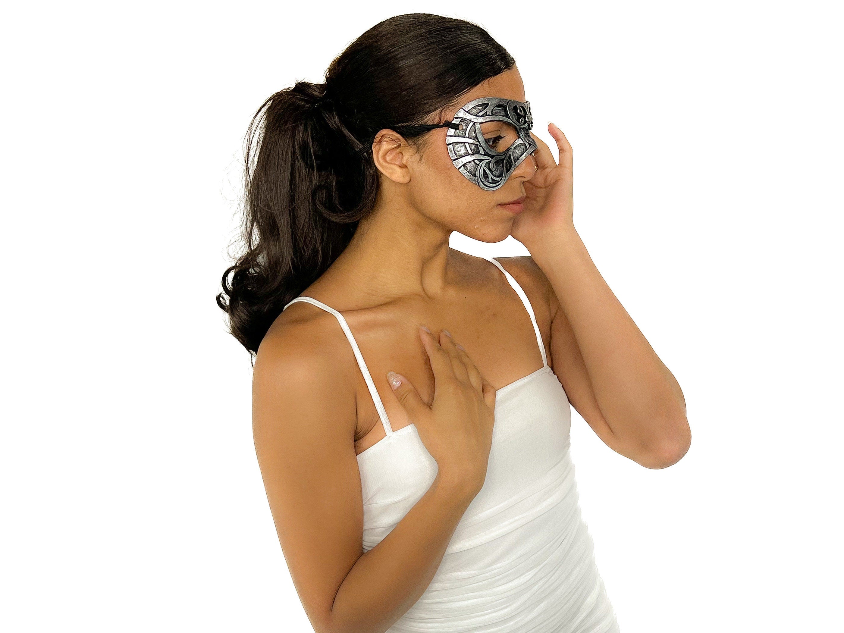 Dual Layer Ornate Masquerade Handmade Genuine Leather Eye Mask in Silver