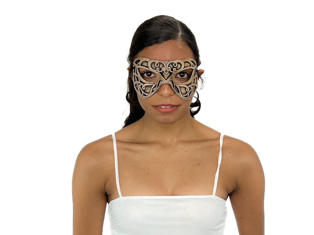 Dual Layer Ornate Masquerade Handmade Genuine Leather Eye Mask in Vintage Cream