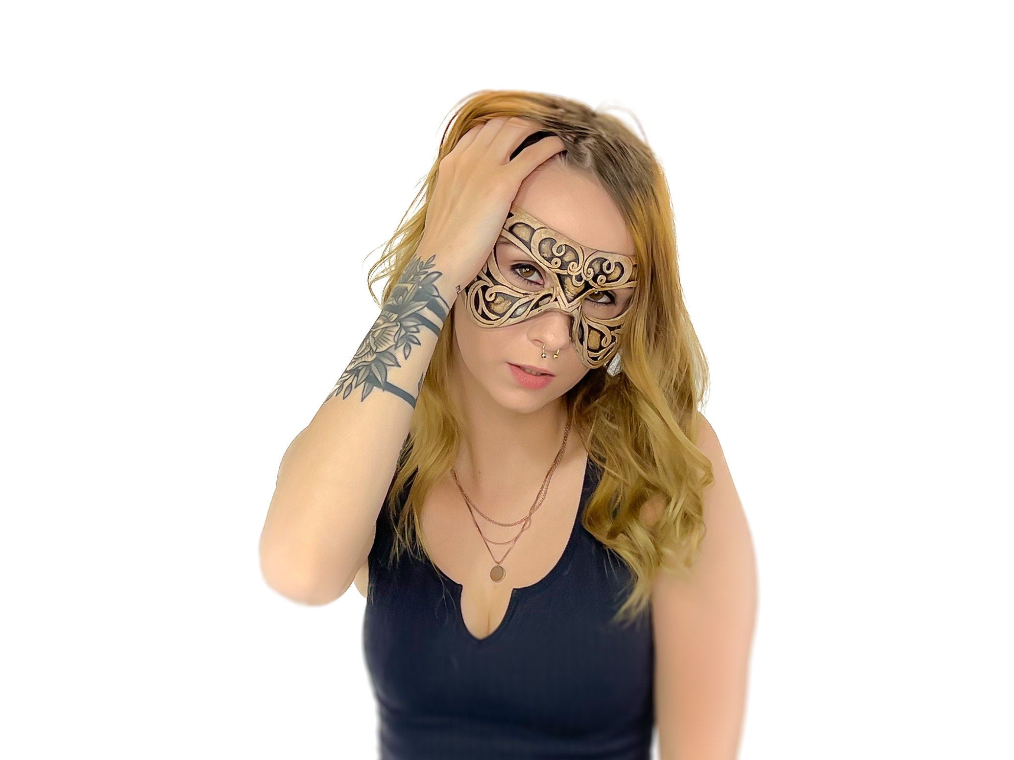 Dual Layer Ornate Masquerade Handmade Genuine Leather Eye Mask in Vintage Cream