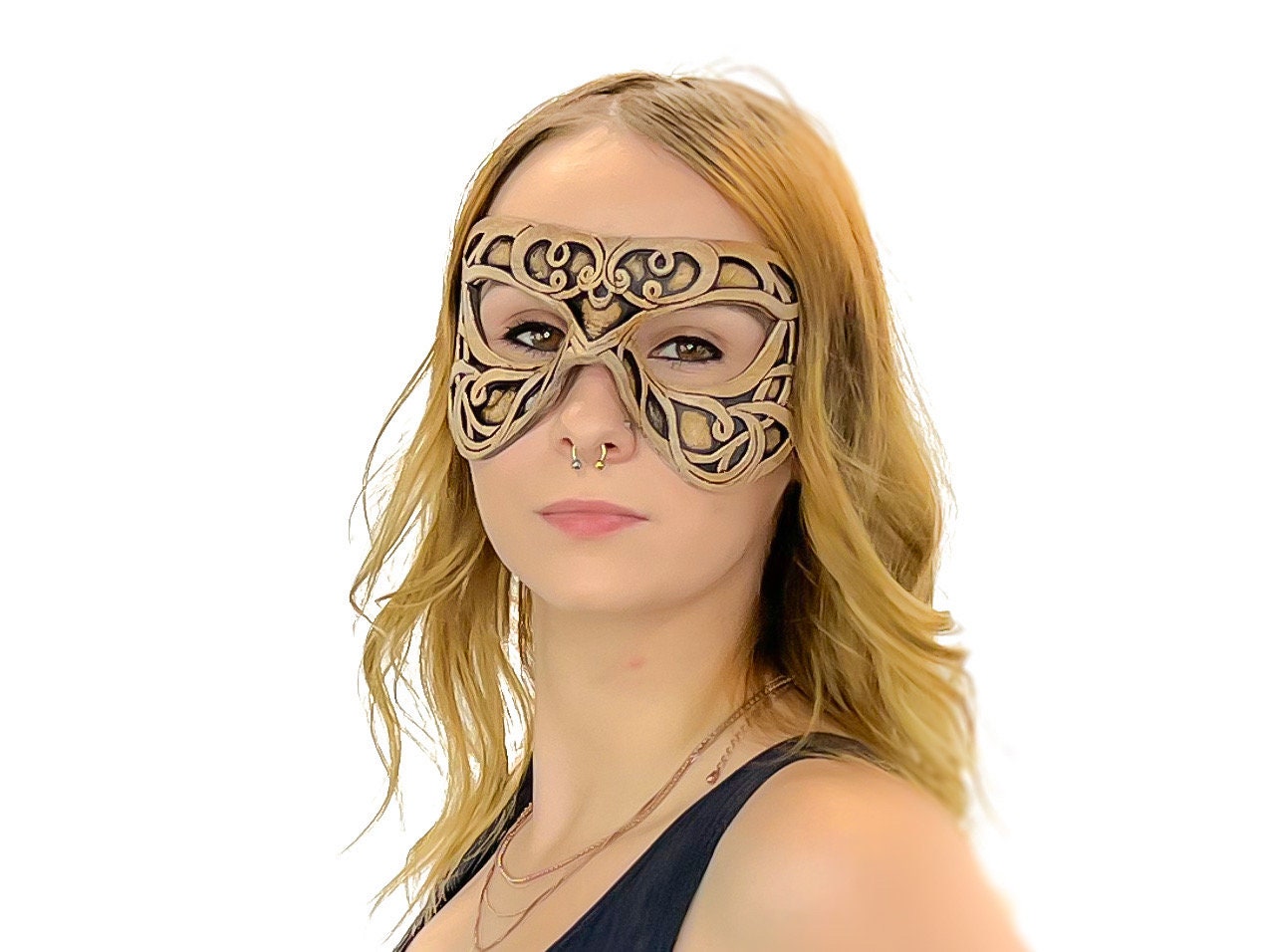 Dual Layer Ornate Masquerade Handmade Genuine Leather Eye Mask in Vintage Cream