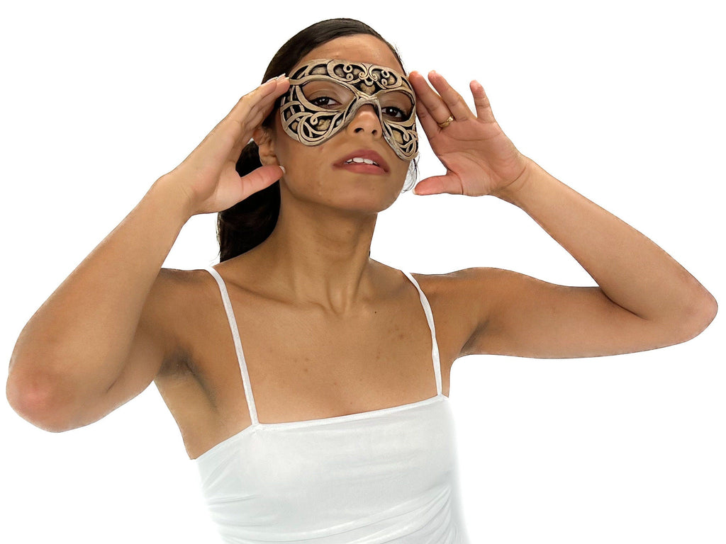 Dual Layer Ornate Masquerade Handmade Genuine Leather Eye Mask in Vintage Cream