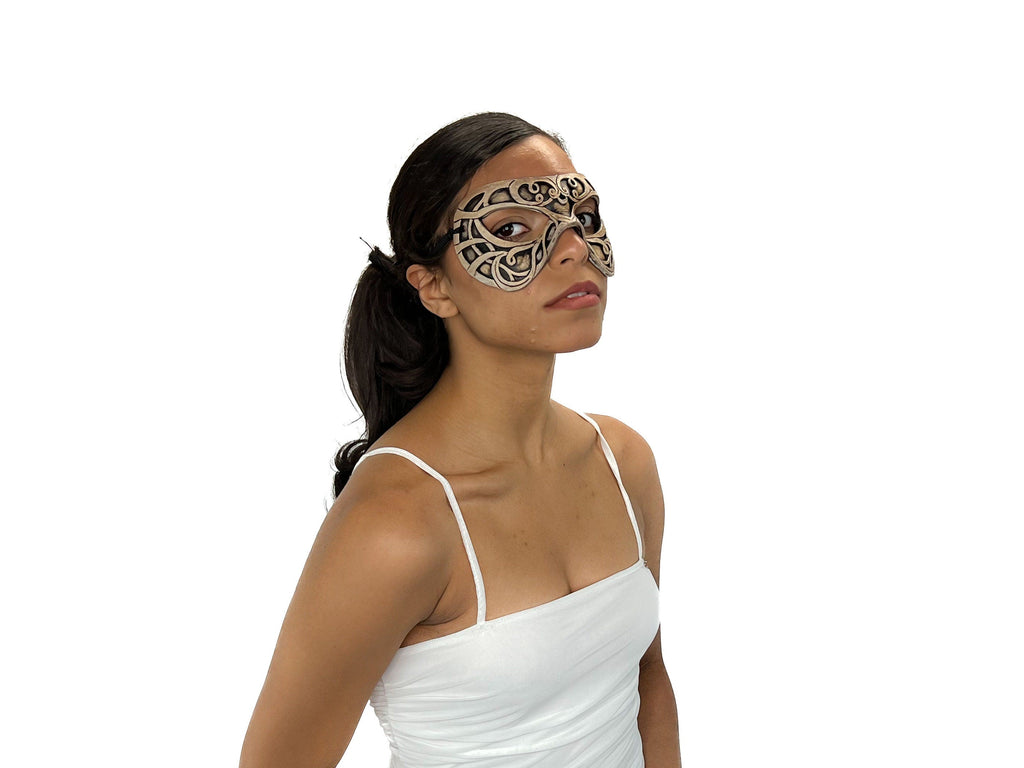 Dual Layer Ornate Masquerade Handmade Genuine Leather Eye Mask in Vintage Cream