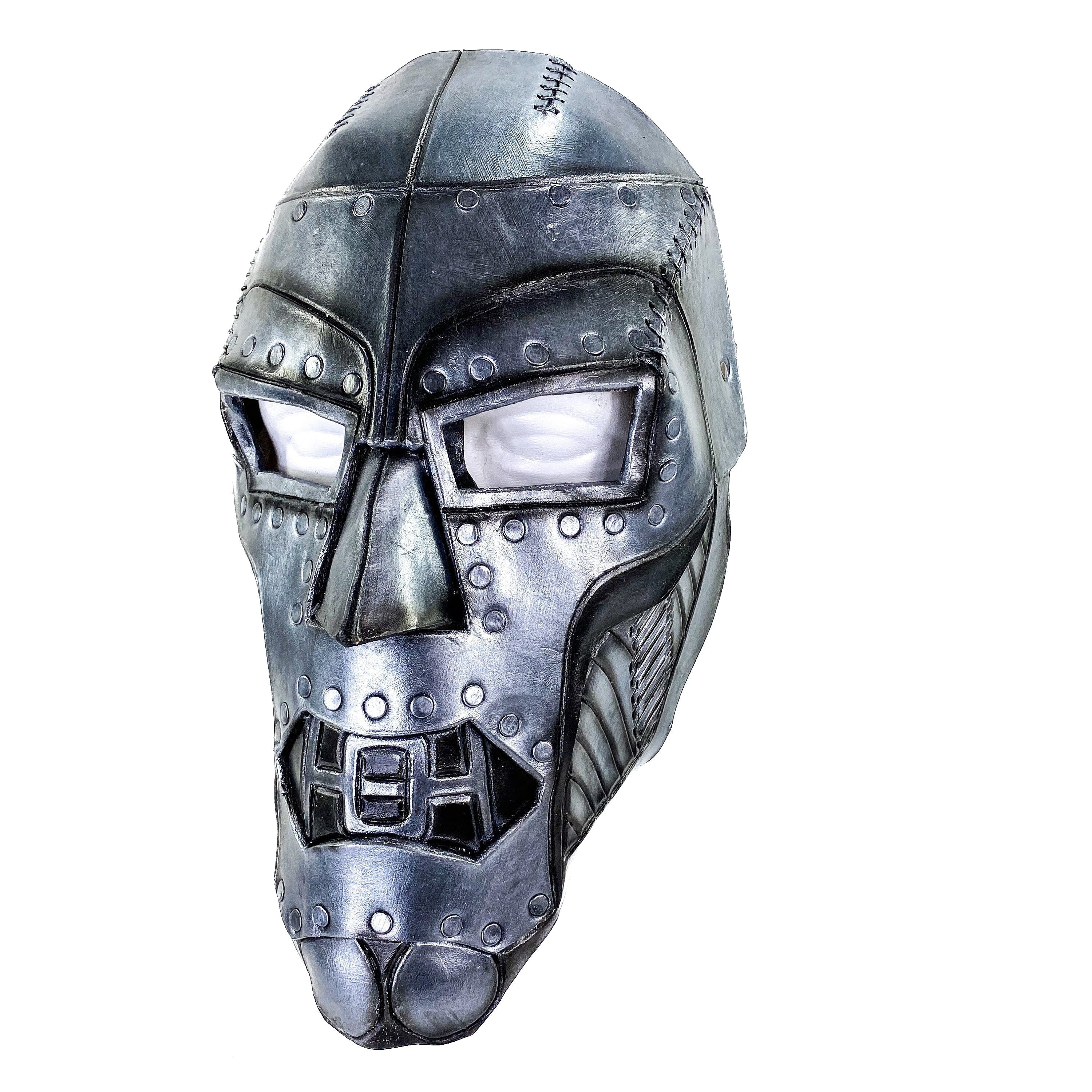 Genuine Leather Mask - Weathered Steel Paint - Handmade Full Face Cover for Masquerades Halloween or Cosplay Costume