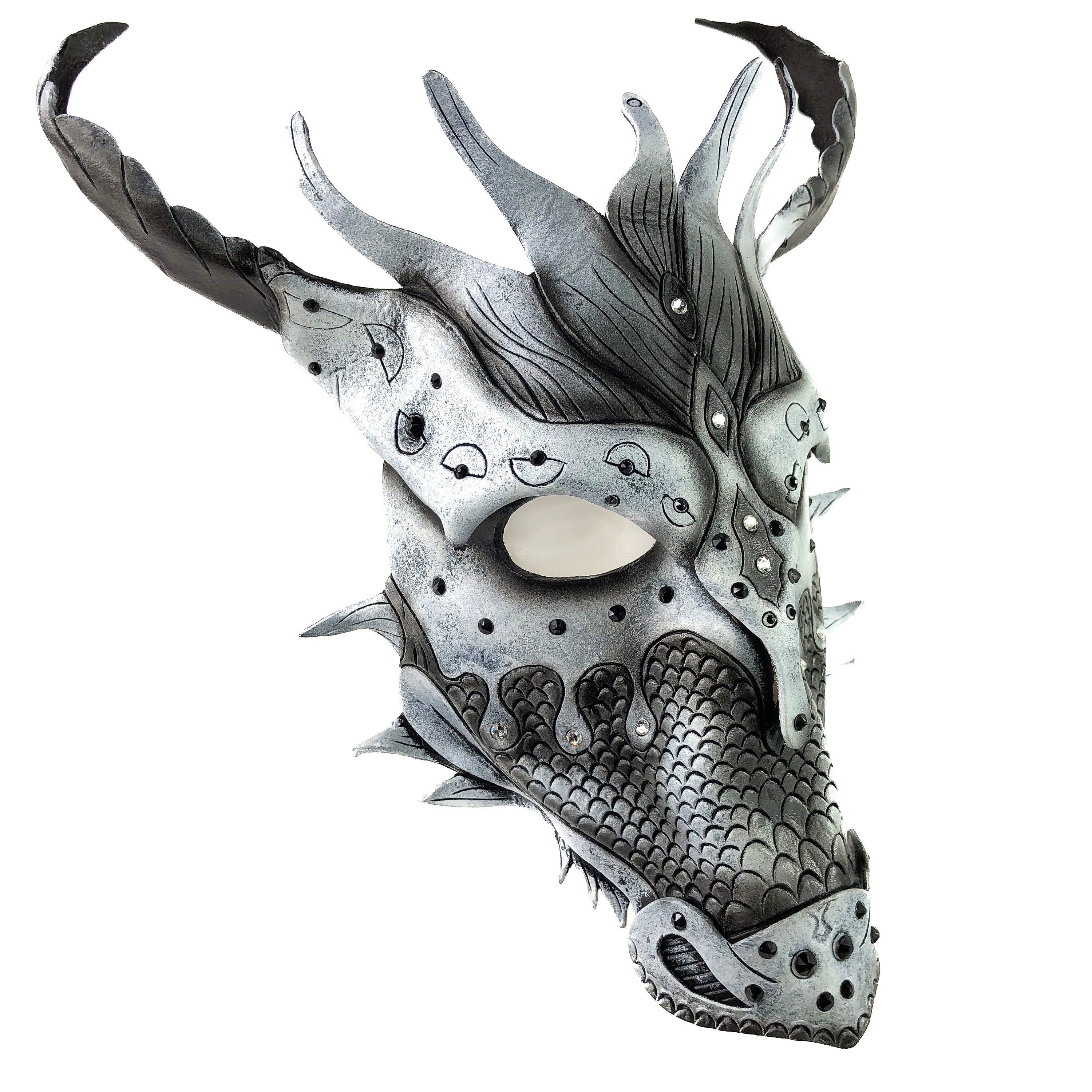 Grey Ancient Dragon Leather Mask with Swarovski Crystals
