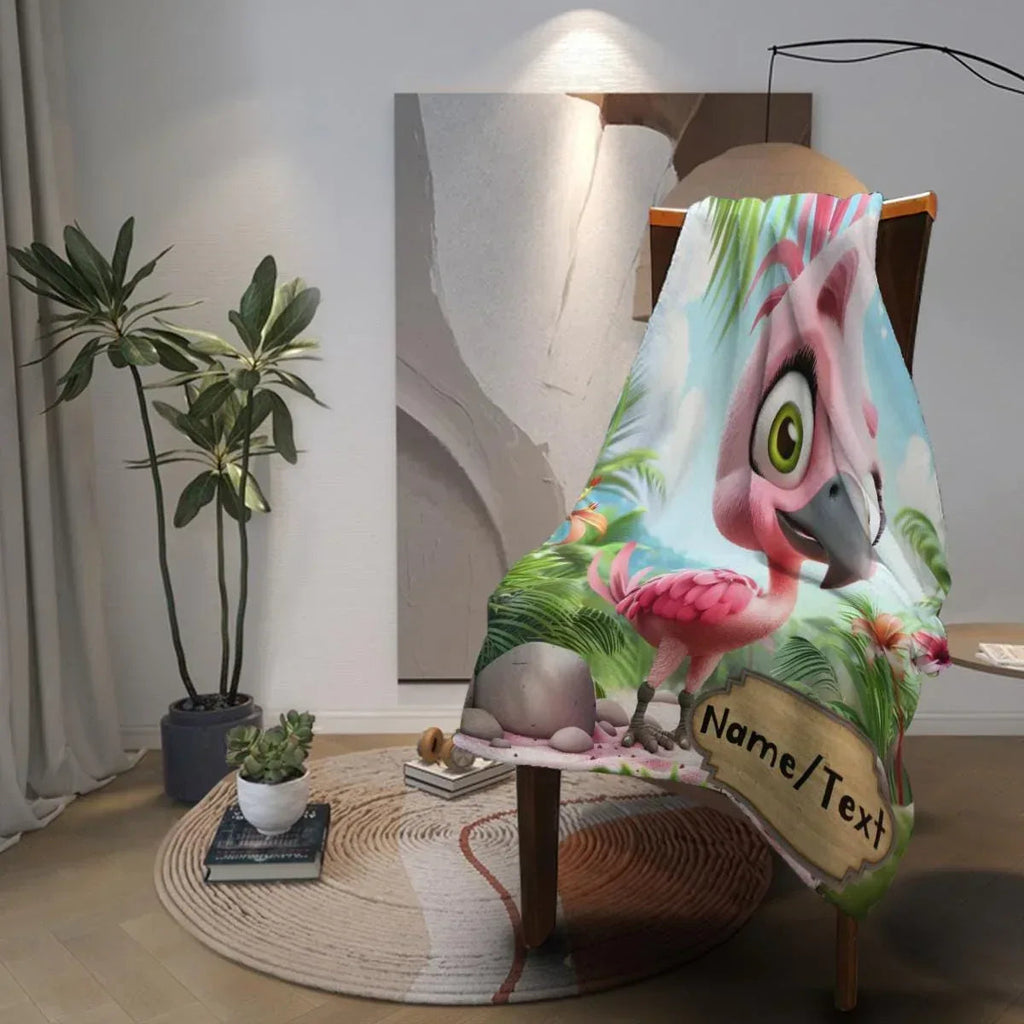 Personalized Flamingo Blanket - Cartoon Bird Super Soft Pink Green Bedroom Throw Custom Name Gift