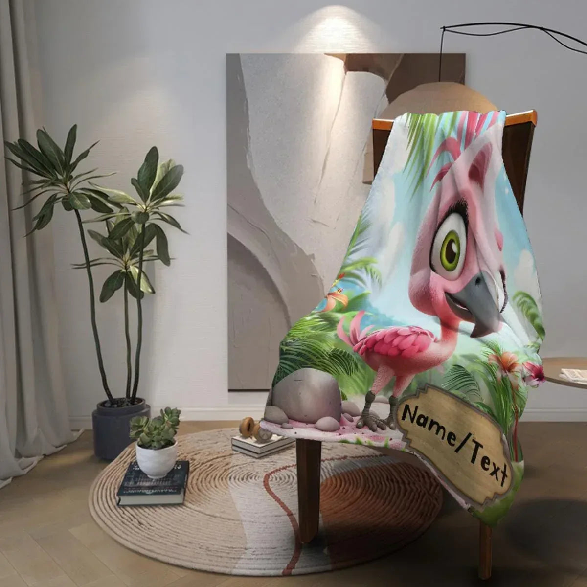 Personalized Flamingo Blanket - Cartoon Bird Super Soft Pink Green Bedroom Throw Custom Name Gift