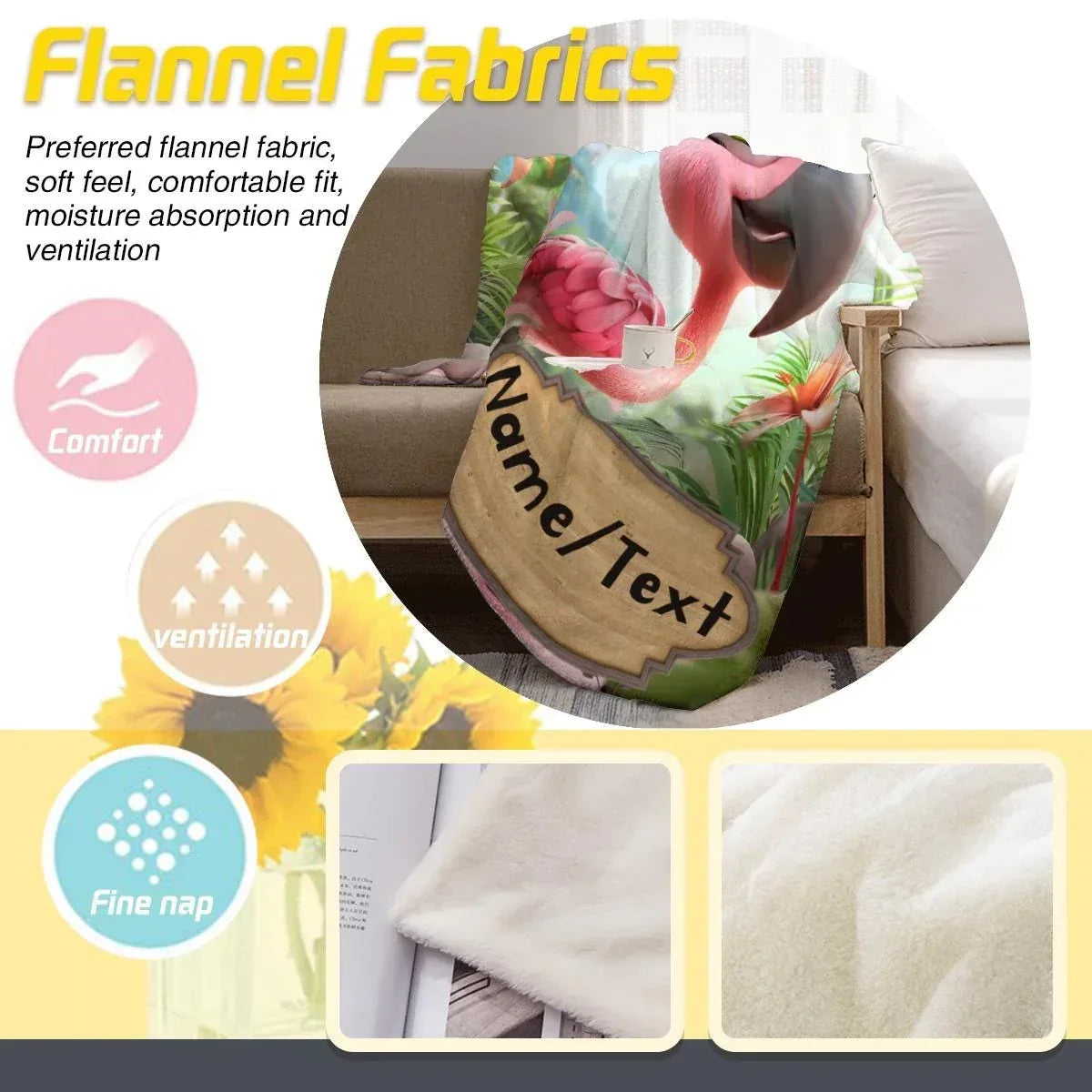 Personalized Flamingo Blanket - Cartoon Bird Super Soft Pink Green Bedroom Throw Custom Name Gift
