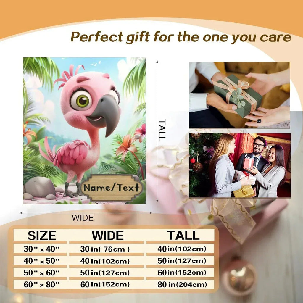Personalized Flamingo Blanket - Cartoon Bird Super Soft Pink Green Bedroom Throw Custom Name Gift