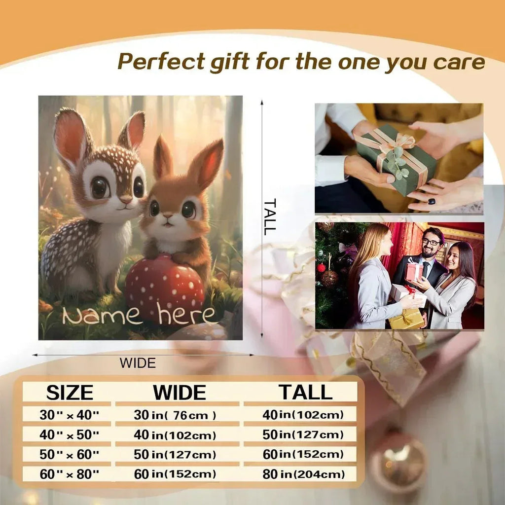 Personalized Bunny & Deer Snuggle Blanket: Soft Flannel Fleece Throw, Name Gift