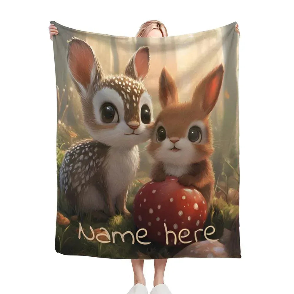 Personalized Bunny & Deer Snuggle Blanket: Soft Flannel Fleece Throw, Name Gift