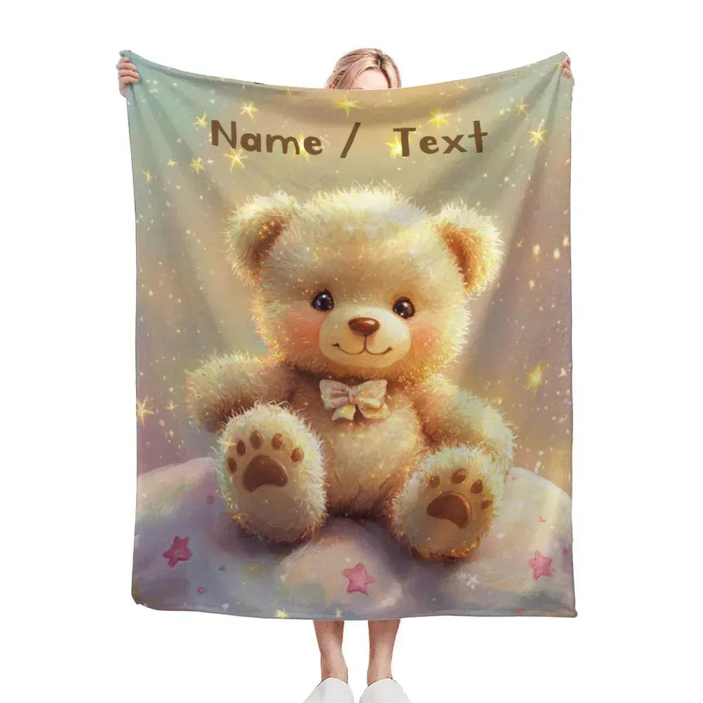Personalized Teddy Bear Plush Blanket - Snuggly Throw Soft Flannel Fleece Custom Name Gift