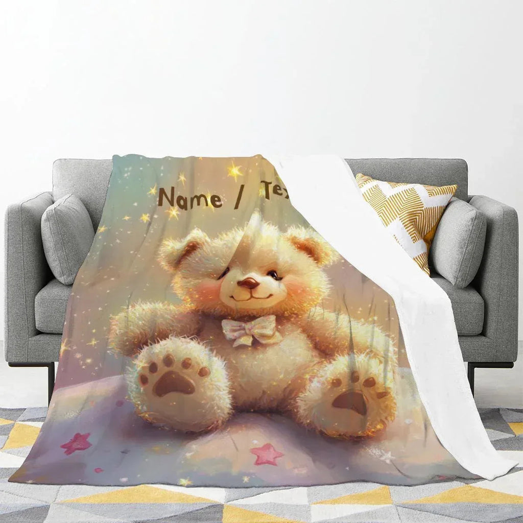 Personalized Teddy Bear Plush Blanket - Snuggly Throw Soft Flannel Fleece Custom Name Gift