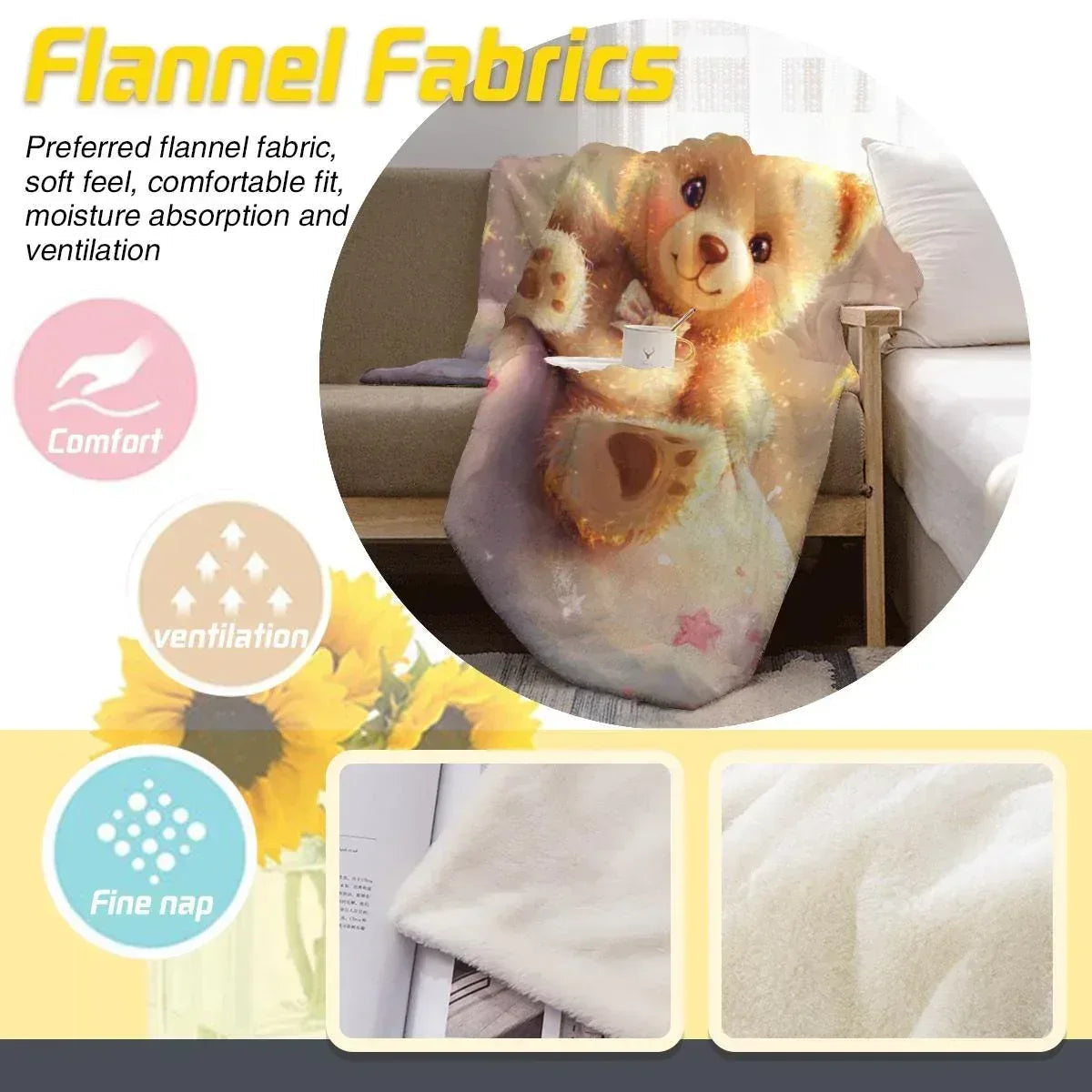 Personalized Teddy Bear Plush Blanket - Snuggly Throw Soft Flannel Fleece Custom Name Gift