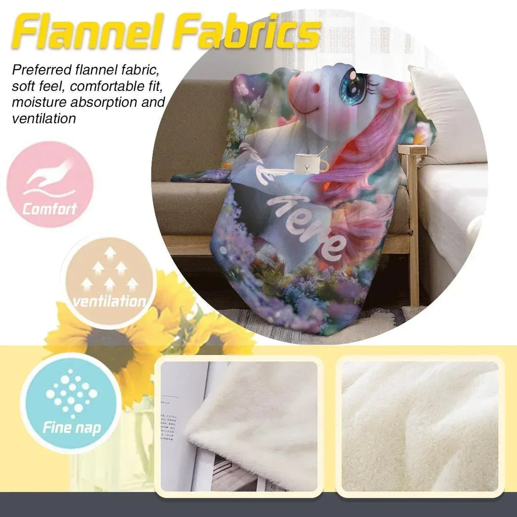 Personalized Unicorn Blanket - Magical Pink Flannel Fleece Throw Custom Name Kids Gift