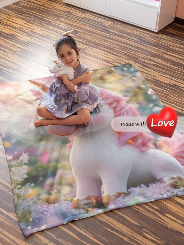 Personalized Unicorn Blanket - Magical Pink Flannel Fleece Throw Custom Name Kids Gift