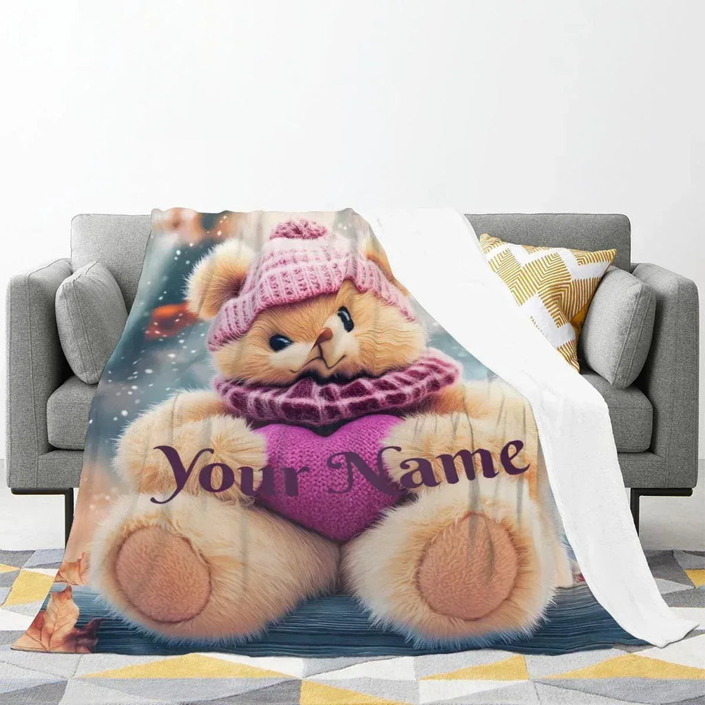 Personalized Snow Teddy Bear Plush Blanket: Flannel Fleece Snuggle Throw, Super Soft Name Gift