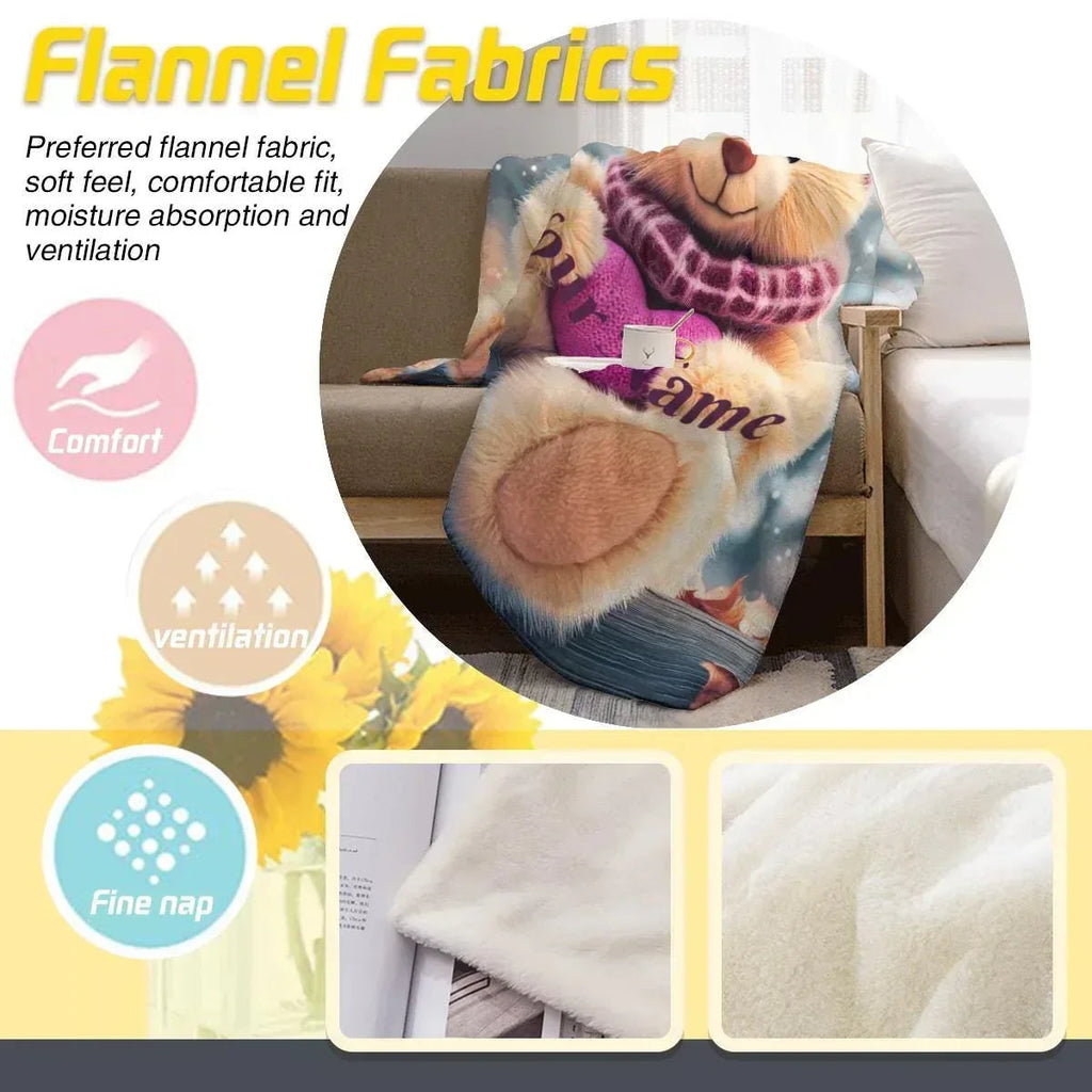 Personalized Snow Teddy Bear Plush Blanket: Flannel Fleece Snuggle Throw, Super Soft Name Gift