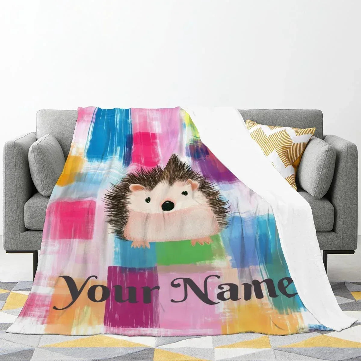Personalized Hedgehog Blanket: Whimsical Plaid, Cosy Throw, Super Soft Name Gift
