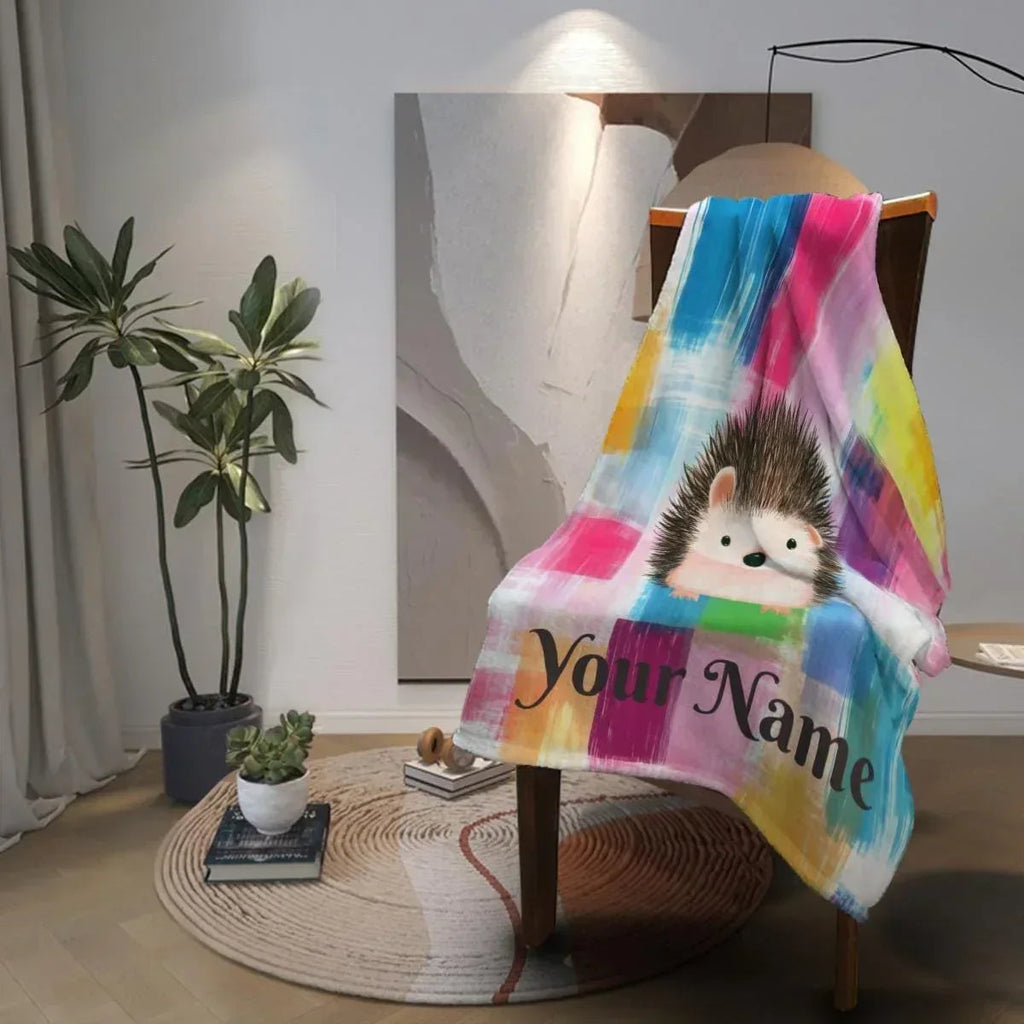 Personalized Hedgehog Blanket: Whimsical Plaid, Cosy Throw, Super Soft Name Gift